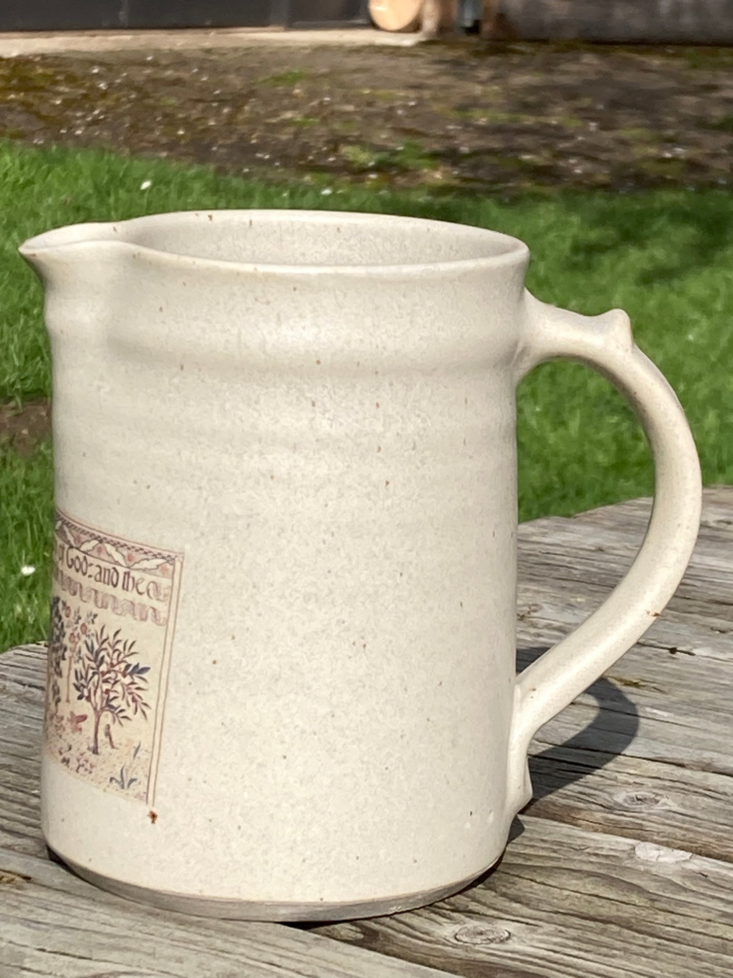 Hand thrown, large jug featuring Heavens Declare panel by May Morris - 1910-20