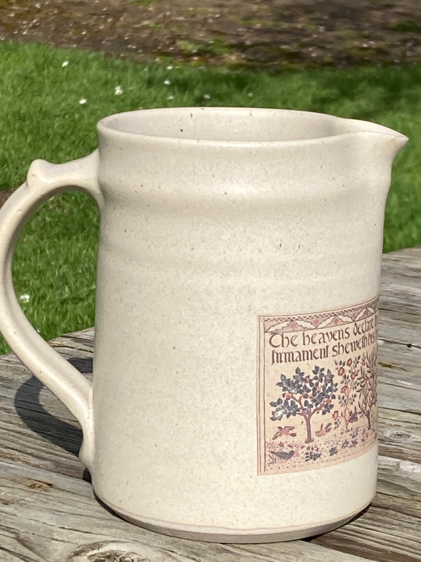 Hand thrown, large jug featuring Heavens Declare panel by May Morris - 1910-20