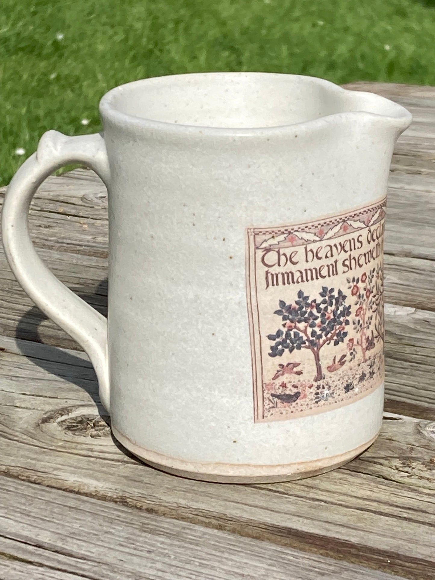 Hand thrown, small jug featuring Heavens Declare panel by May Morris - 1910-20