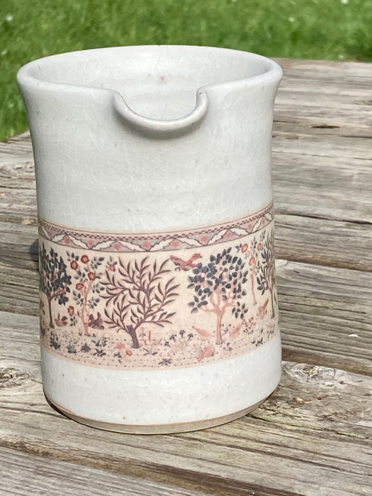 Hand thrown small jug (no words) featuring Heavens Declare panel by May Morris - 1910-20