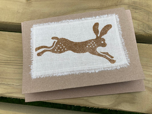 Locally made block printed card - Running Rabbit - (Blank inside)