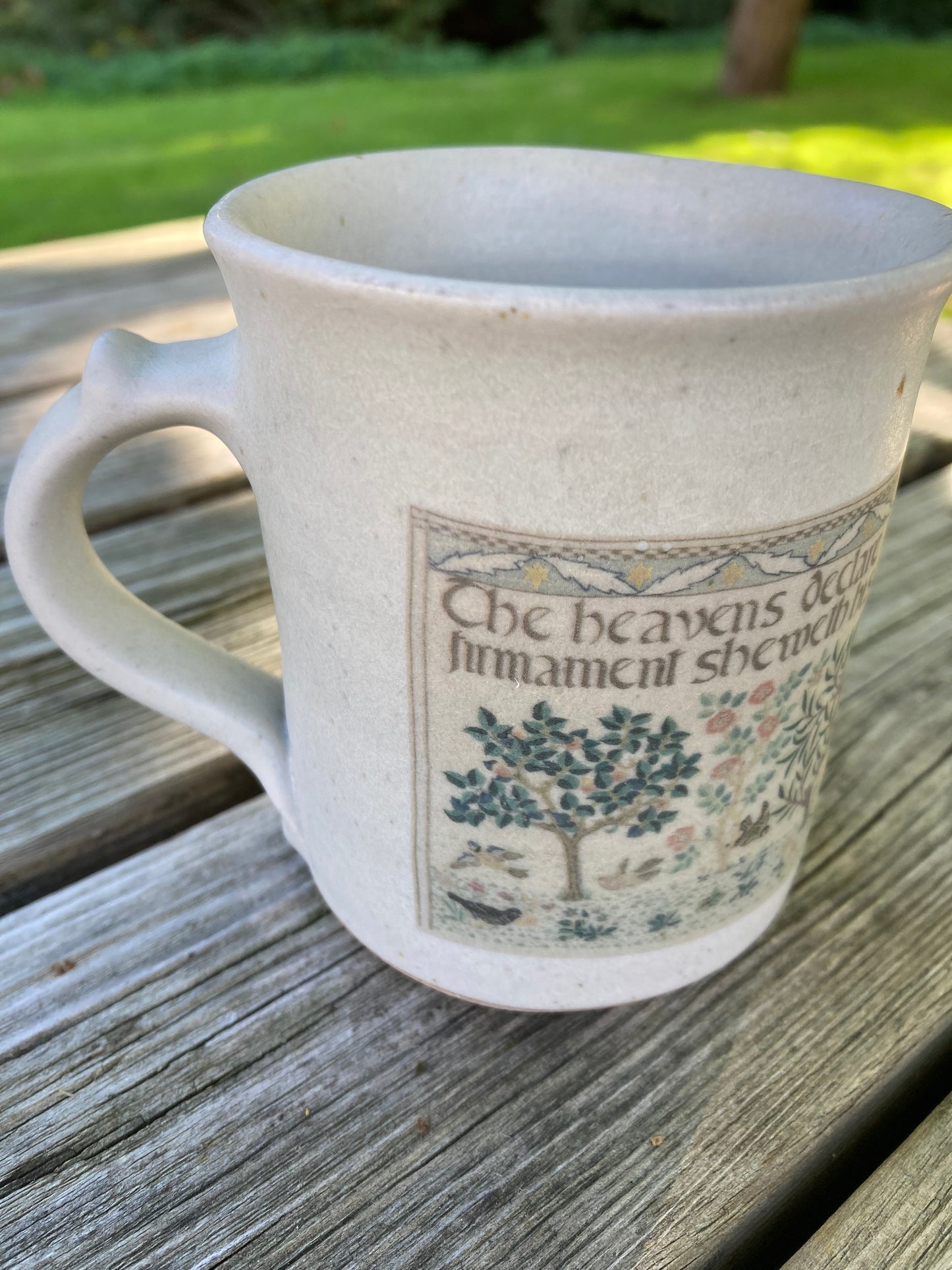 Hand thrown mug featuring Heavens Declare panel by May Morris - 1910-1920