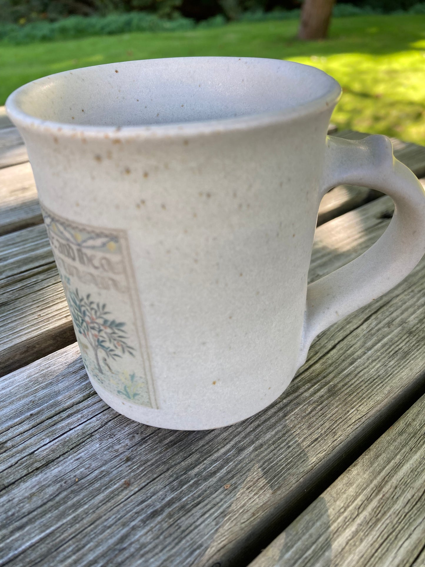 Hand thrown mug featuring Heavens Declare panel by May Morris - 1910-1920