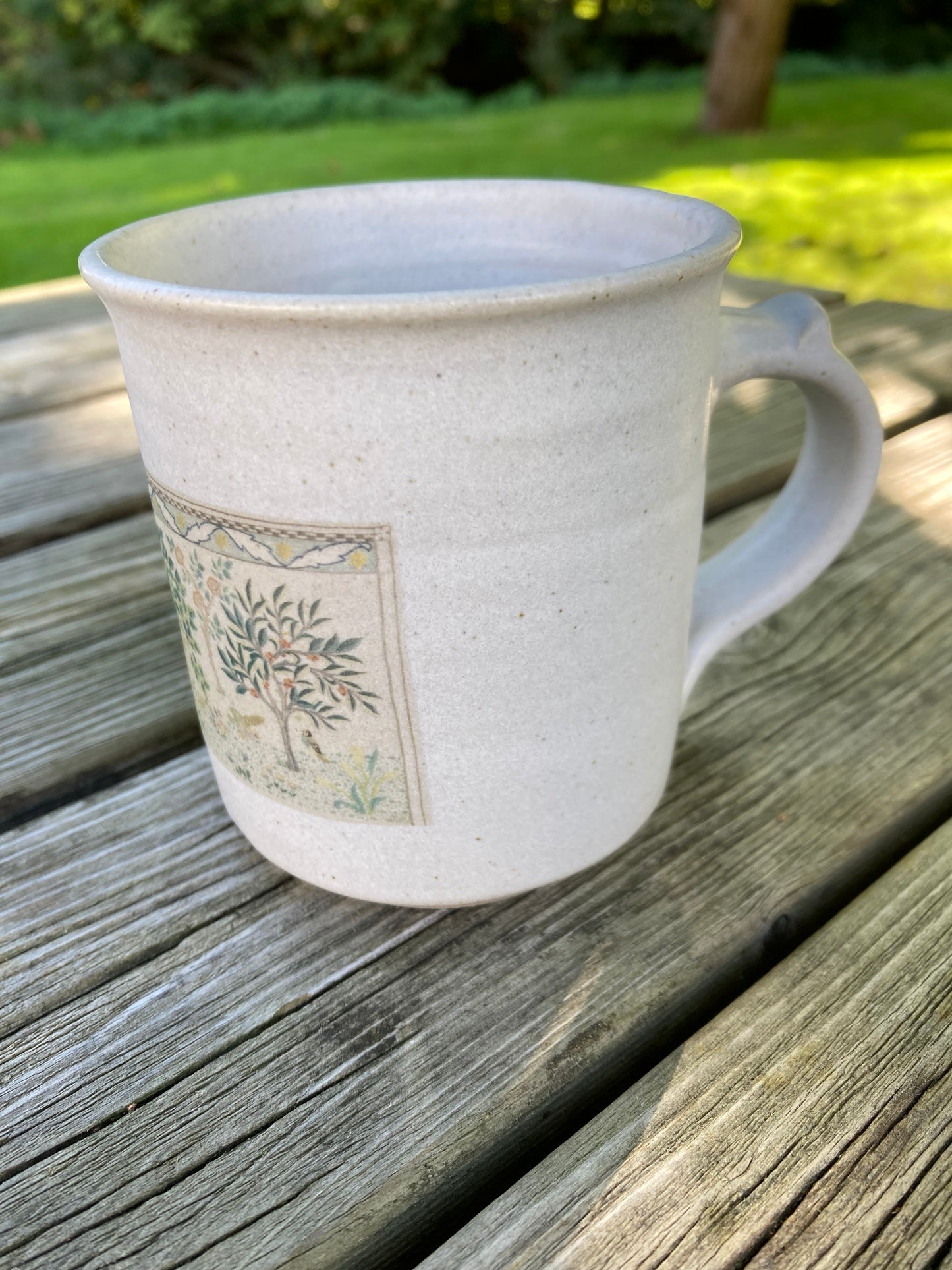 Hand thrown mug (no words) featuring Heavens Declare panel by May Morris - 1910-1920