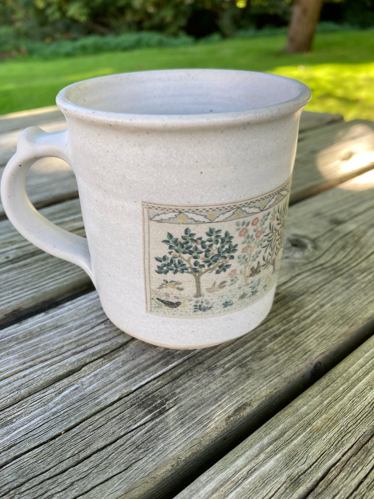 Hand thrown mug (no words) featuring Heavens Declare panel by May Morris - 1910-1920