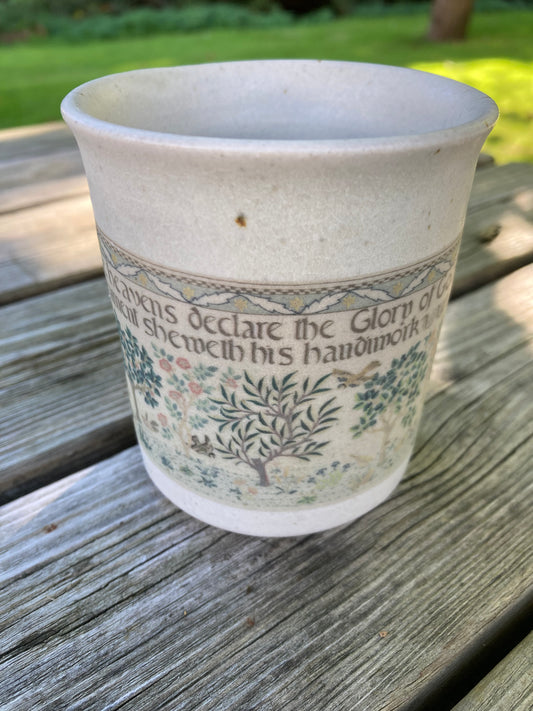 Hand thrown mug featuring Heavens Declare panel by May Morris - 1910-1920