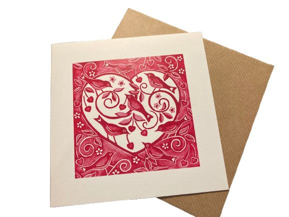 Greeting card - Love Birds from an original linocut by Nat Morely