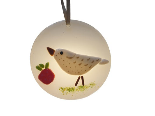 Bird and Strawberry circular glass hanging ornament