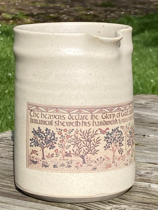 Large handthrown jug featuring "Heavens Declare" by May Morris