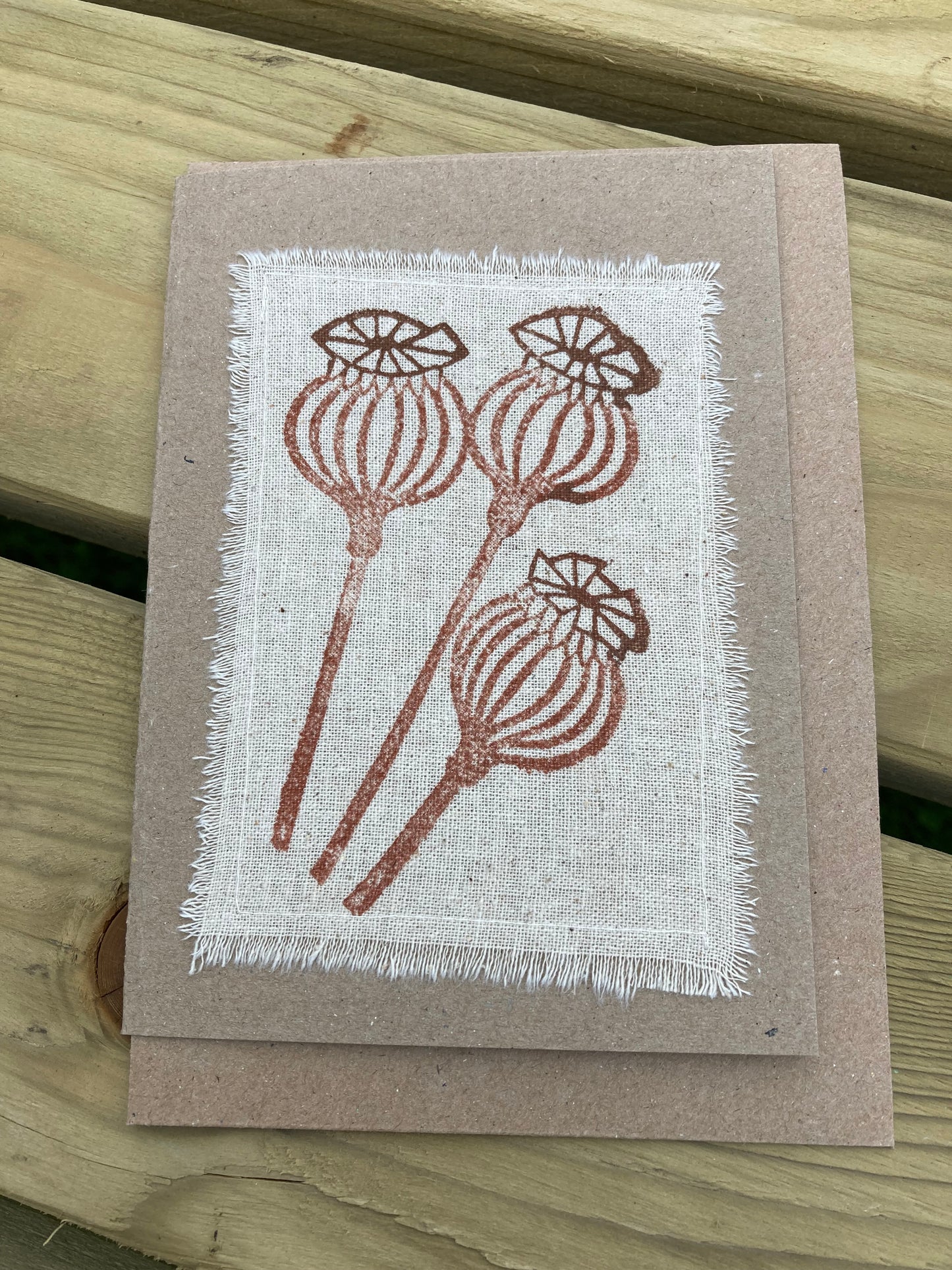 Locally made block printed card - Poppy heads (blank inside)