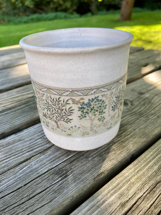 Hand thrown mug (no words) featuring Heavens Declare panel by May Morris - 1910-1920