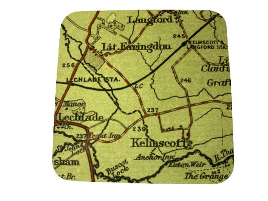 Cork backed coaster of Kelmscott' position re OS map