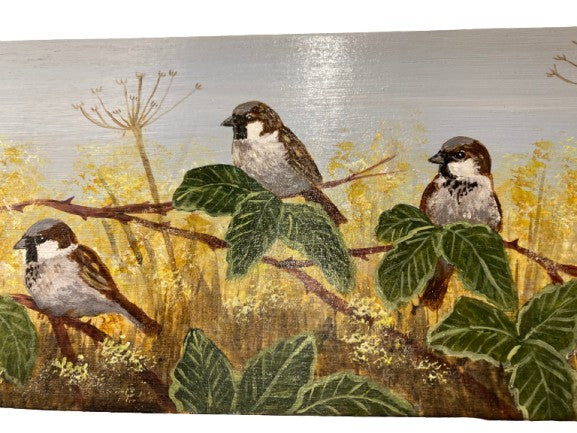 Local artist original painting - Sparrows at harvest time - acrylic on board